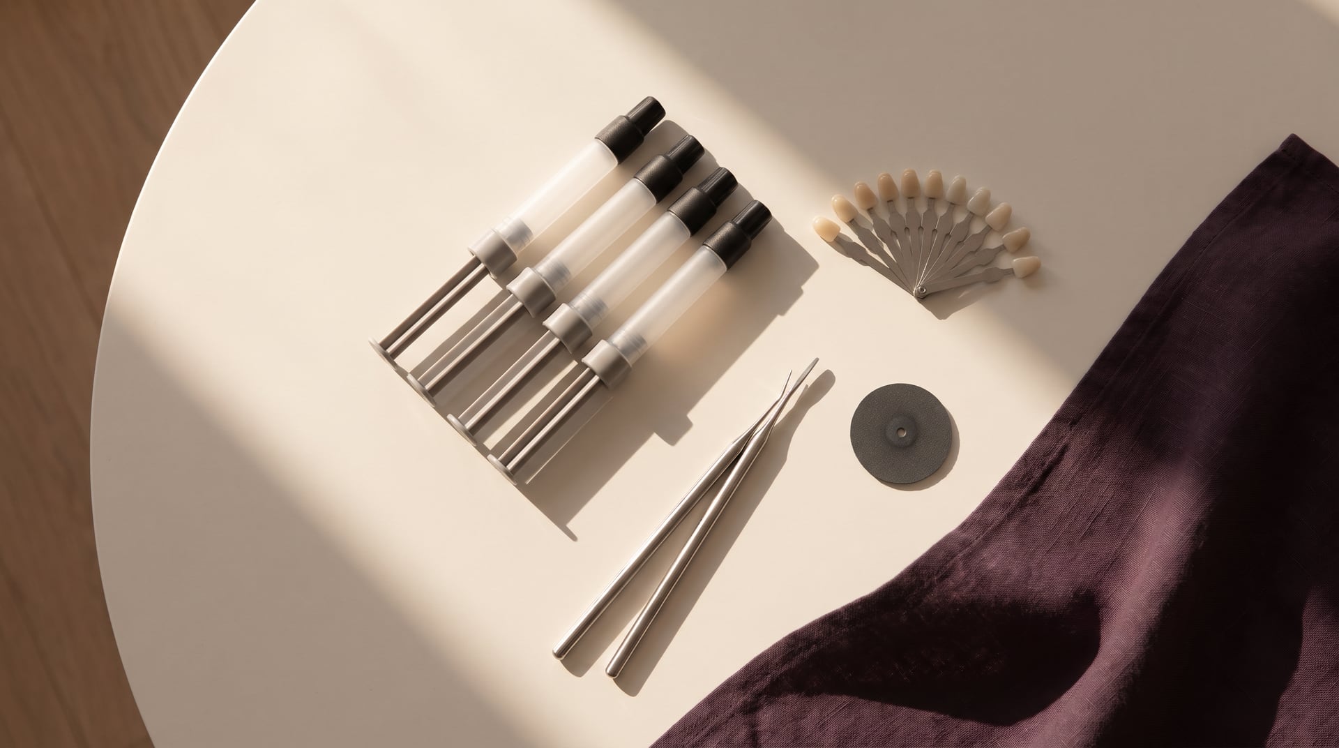 Composite-Spritzen, Farbschlüssel und Modellierinstrumente von oben — Symbolbild