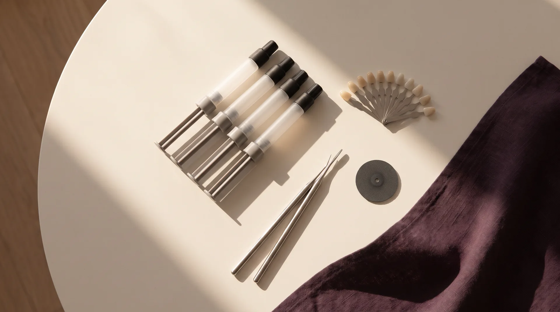 Composite-Spritzen, Farbschlüssel und Modellierinstrumente von oben — Symbolbild